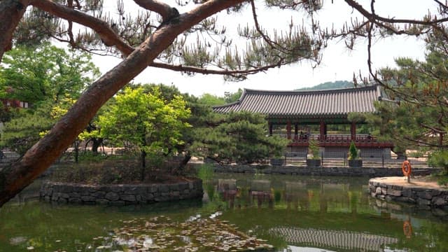 Traditional Korean pavilion seen over pond with trees
