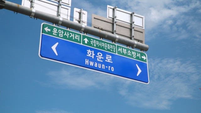 Road signs under a clear blue sky