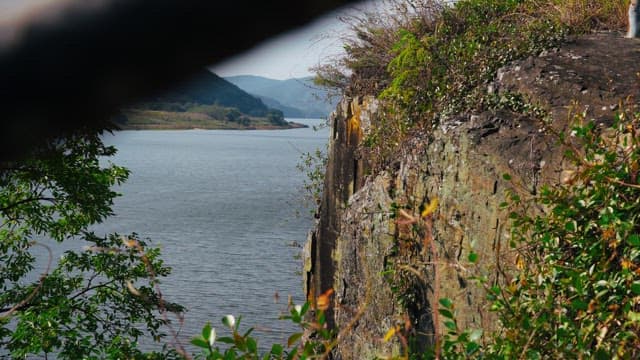 A serene riverside cliff surrounded by lush greenery on a clear day.