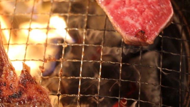 Juicy barbecue grilling over charcoal flames