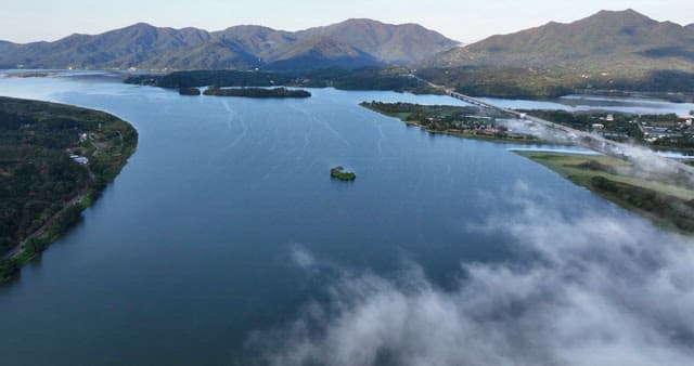 Vast river surrounded by mountains