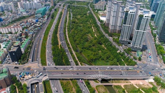 Midday Urban Landscape with Busy Roads and Green Park