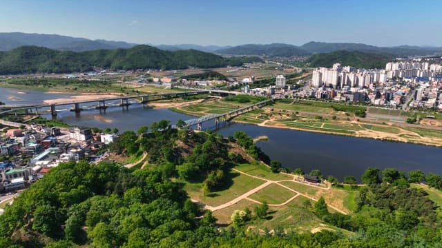 Cityscape with a river and bridges