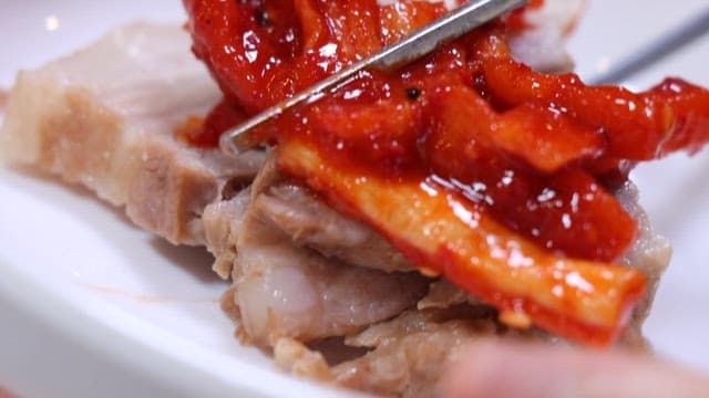 Piece of boiled pork that tastes even better when eaten with dried slices of daikon