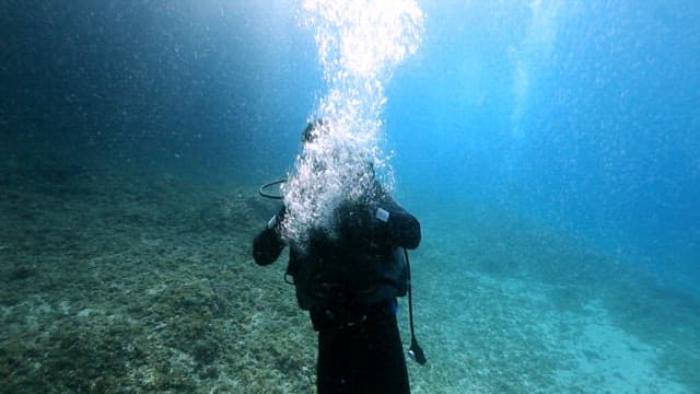 A scuba diver exploring the ocean floor, creating air bubbles.