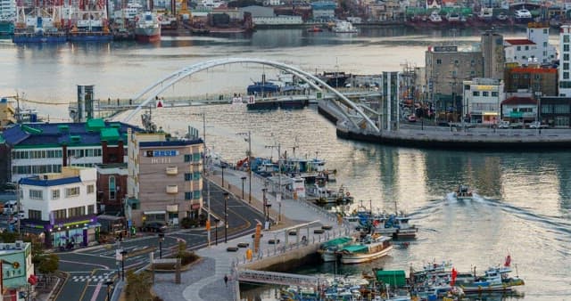Scenery from day to night of a busy coastal town