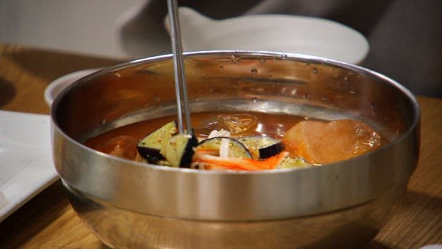 Appetizing cold ramen with eggplant