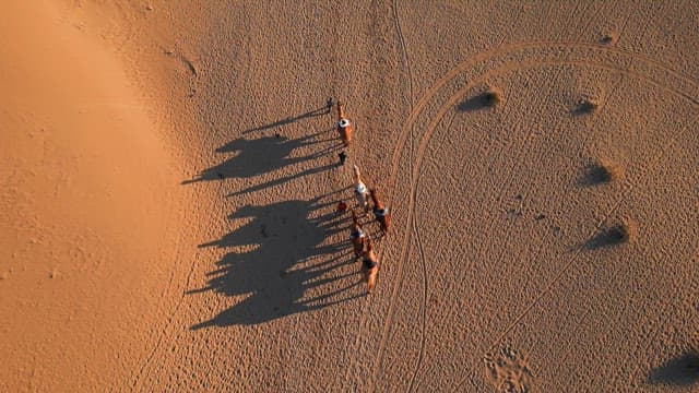 People riding camels in the desert