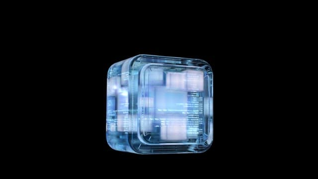 Futuristic Rotating Holographic Cube Displaying Data