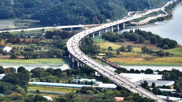 Highway bridge over a scenic river