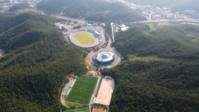 View of a city with sports facilities