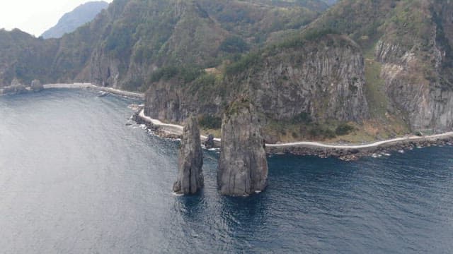 Aerial view of coastal cliffs and sea