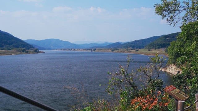 Scenic river view with mountains and foliage on a sunny day