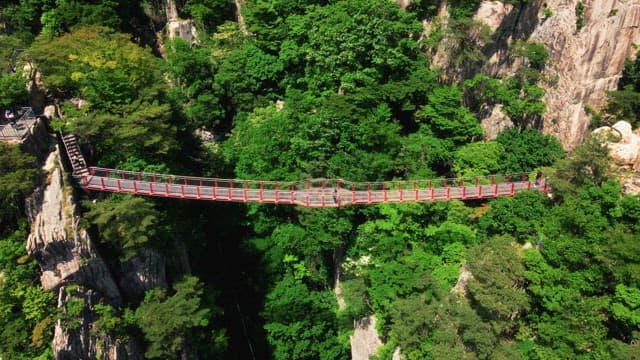 Tourist on red suspension bridge on a rocky mountain with lush green foliage