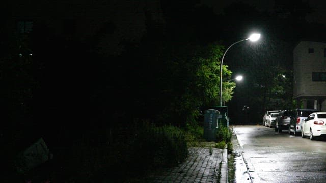 Streetlights illuminating an alley in a residential area with parked cars on a rainy day