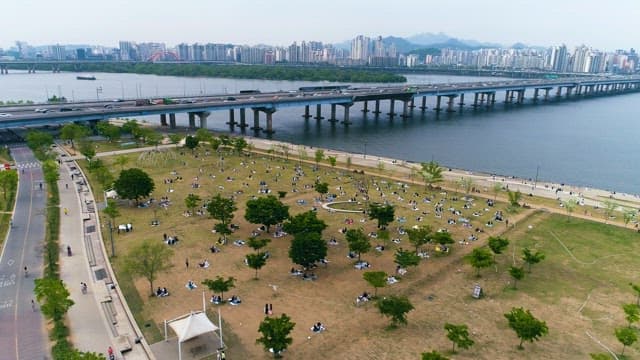 Aerial View of People Relaxing by the River