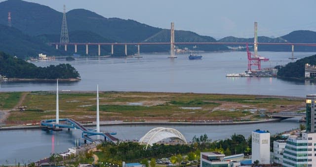 City waterfront with illuminated bridge during night