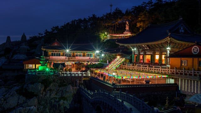 Haedong Yonggungsa Temple in Busan beautifully lit up at night