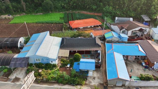 Rural village with farms and houses