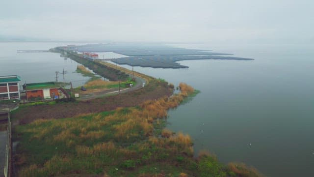 Serene river with floating solar panels