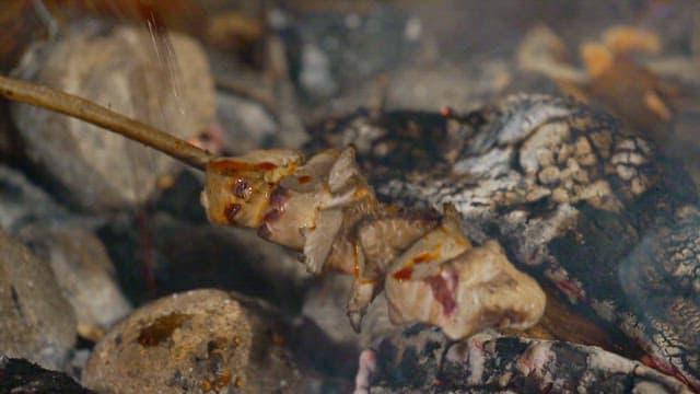 Tuna skewers grilling over open flames