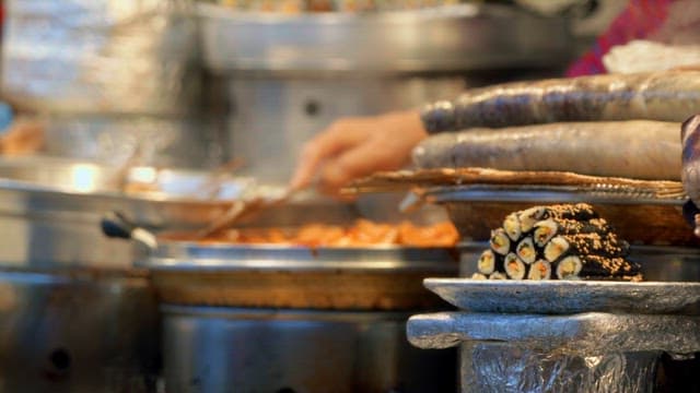 Korean food on display at a Korean traditional market stall