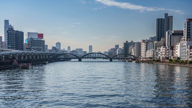 River flowing through a city with bridges