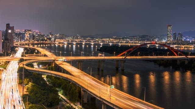 Night view of city bridges and expressway