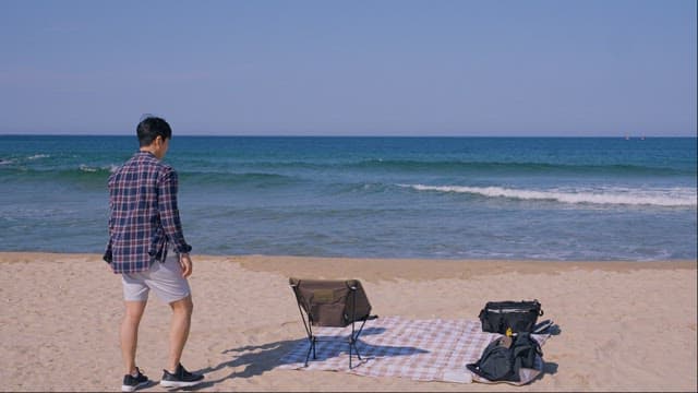 Man Contemplating on the Mat by the Seaside