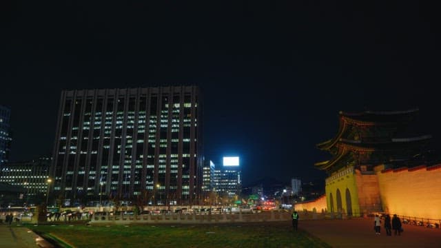 Night view of a city with gyeongbokgung palace