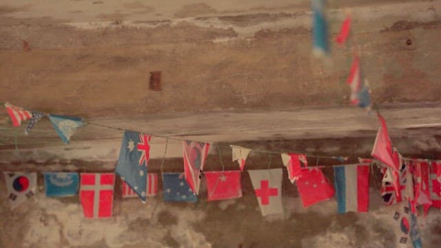 Tattered International Flags Hanging in an Old Ceiling