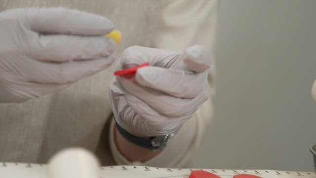 Gloved hands shaping icing into decorative flowers