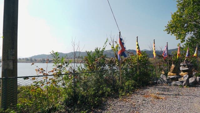 Various flags and stone towers with trees in the background