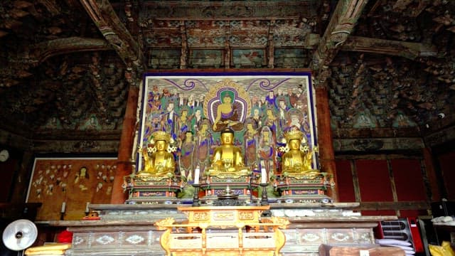 Statues of Buddhas inside an ornate shrine