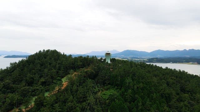 View of lush green island surrounded by calm sea