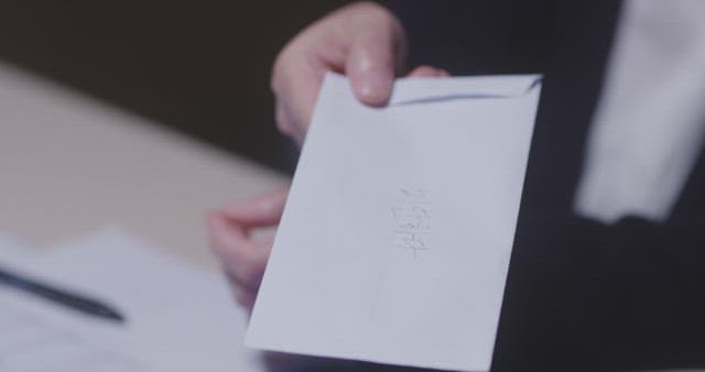 Person being handed an envelope with the message "I'm sorry" written on it