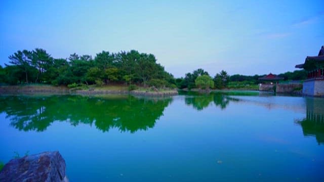 Tranquil Lake with Traditional Korean Pavilion