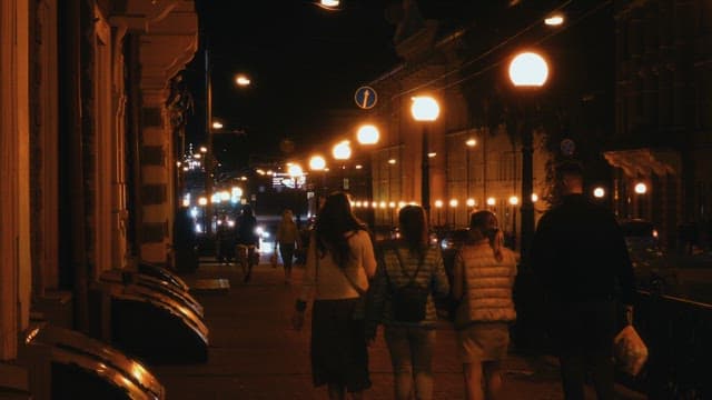 Night walk down a beautifully lit street