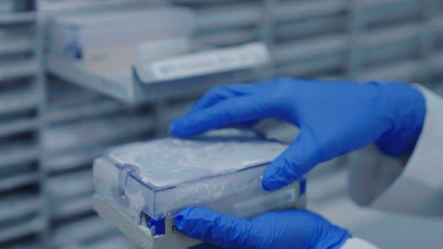 Scientist handling frozen samples of people's DNA database in a lab