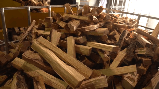 Stack of chopped wood in a factory