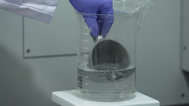Immersing a metal container in a beaker of water for an experiment