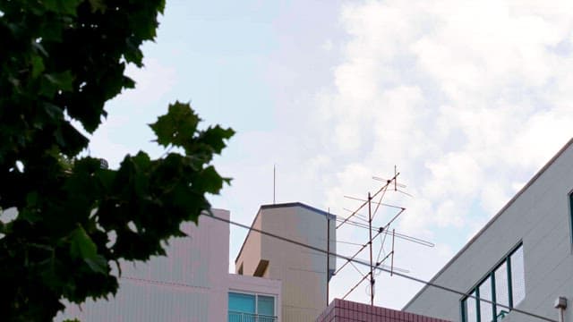 Buildings and antennas on the rooftop seen through tree leaves on a cloudy day