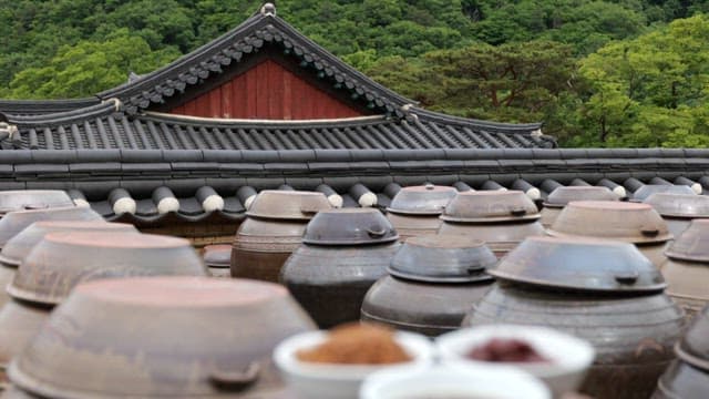 Traditional fermented fermented sauce on a Korean traditional crock