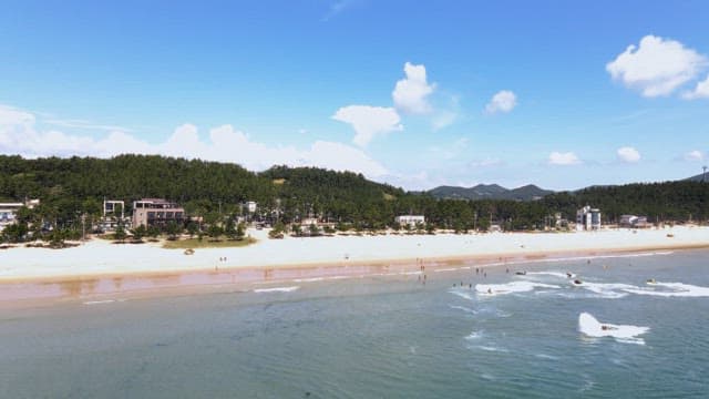 Scenic beach with people enjoying water activities