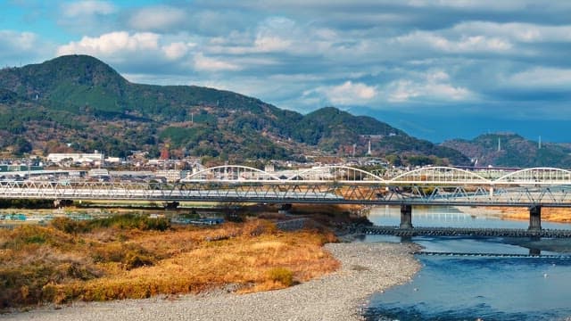 Train crossing a bridge in a scenic river