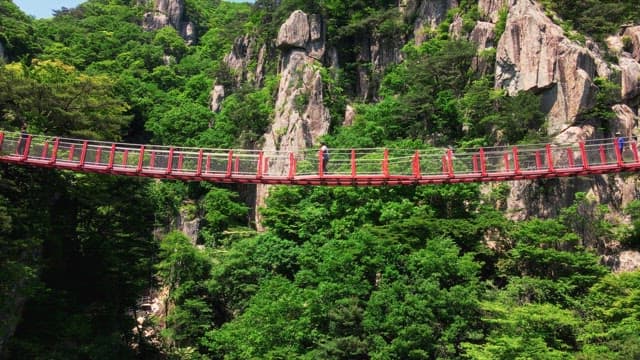 Tourists walking on a red suspension bridge on a rocky mountain covered in lush greenery