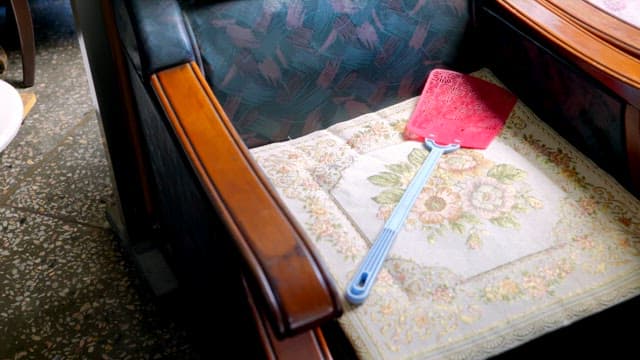 Fly swatter on a floral cushion