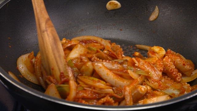 Spicy Stir-Fried Octopus Cooked in a Frying Pan