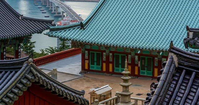 Tranquil temple view with a view of the sea