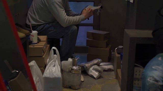 Man Organizing Shoes in a Cluttered Storage
